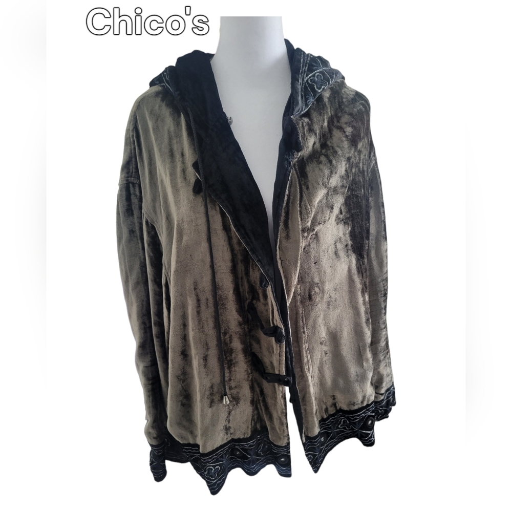 Chico's Boho Velvet Gray and Black Luxe Hooded Jacket Size XL (3)